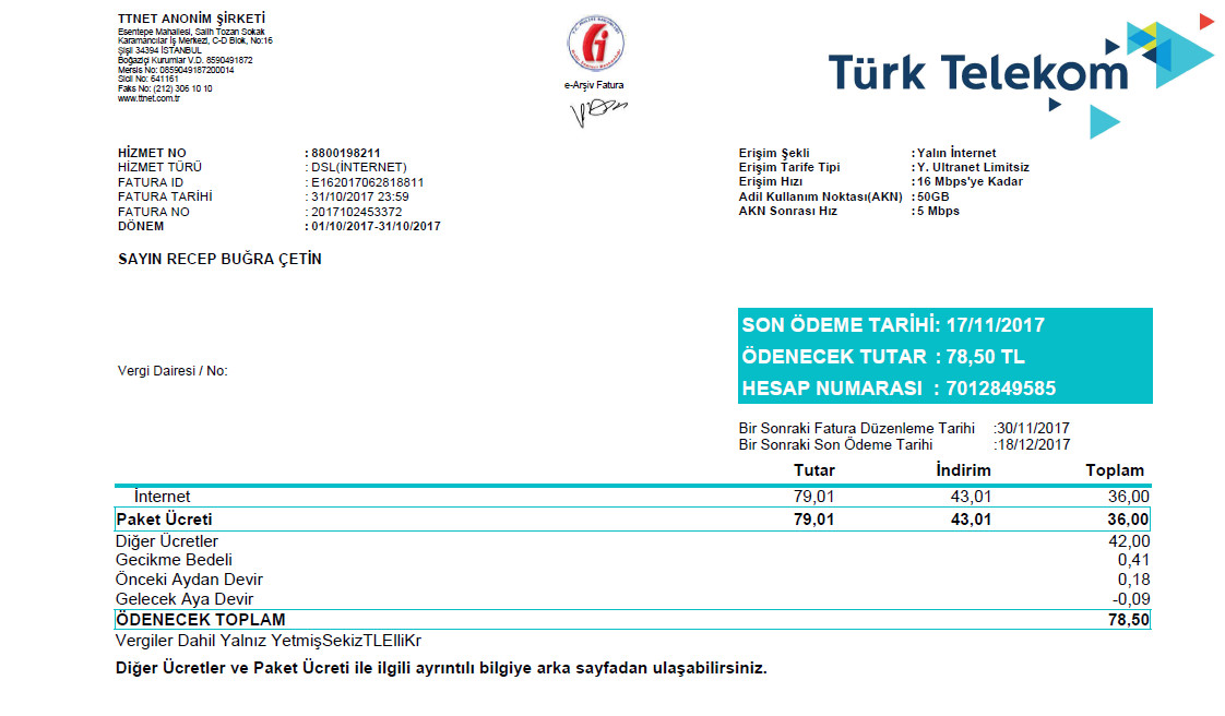 Turkey Turktelekom utility bill template in Word and PDF format, fully editable